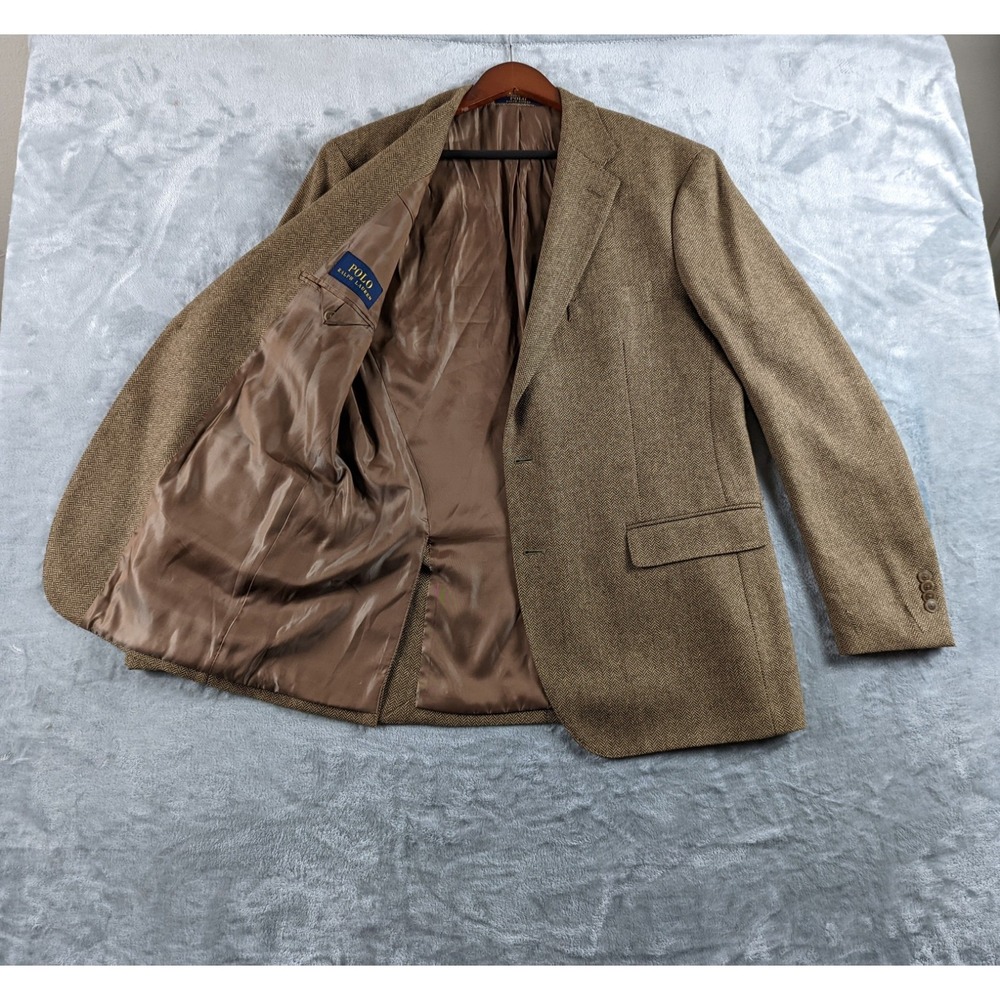 Polo Ralph Lauren Blazer Mens 44L Brown Wool Blend Sport Coat Herringbone READ